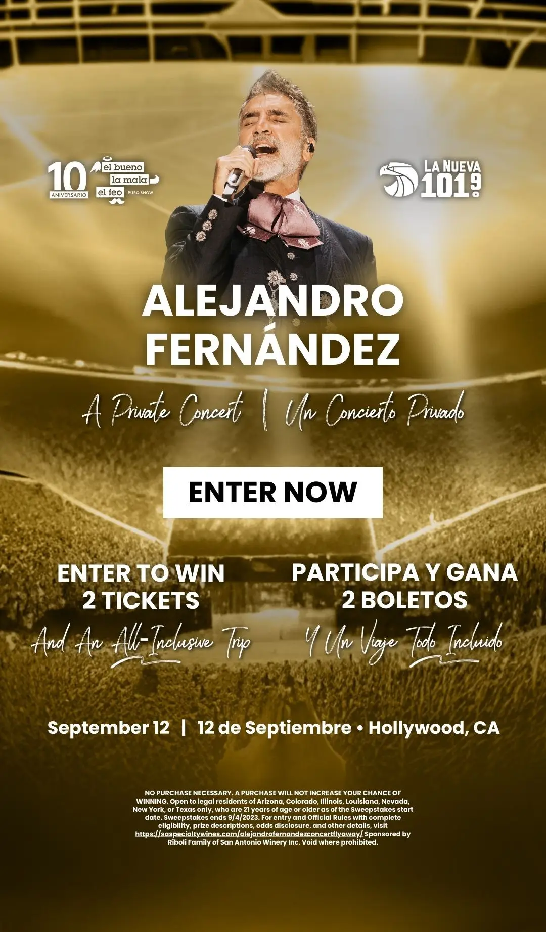 San Antonio Specialty is giving you the opportunity to win 2 tickets and an all-inclusive trip to Hollywood, CA to see Alejandro Fernández in a private concert. 