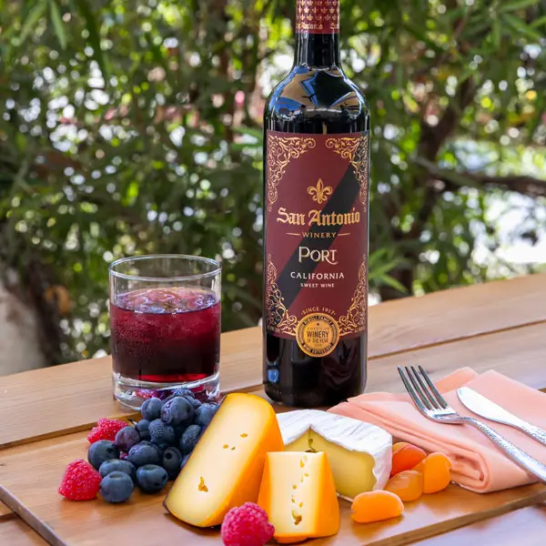 Cheese and fruit plate with San Antonio Port Sweet Red Wine