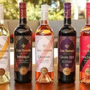 Cardinale American Sweet Red, Villadoro Moscato, Imperial Grape Red, Granada Sweet Rosé, Grape Red 16%, Pink Passion 16% and San Antonio Port - wine bottles on a table outside, ready to drink after opening and proper storage.
